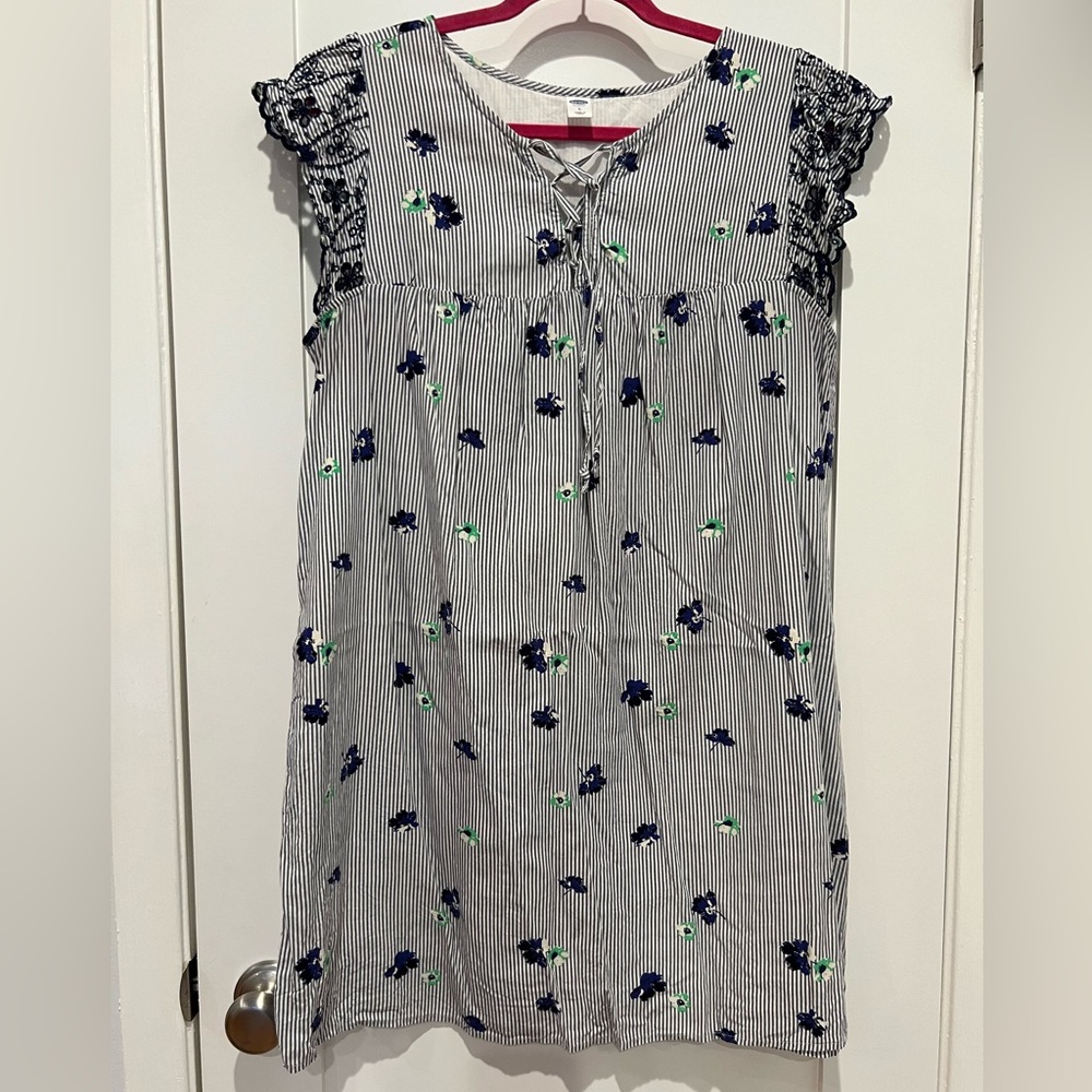 Old Navy Sleeveless Blue & White Vertical Striped Dress Ruffle Floral Size L
